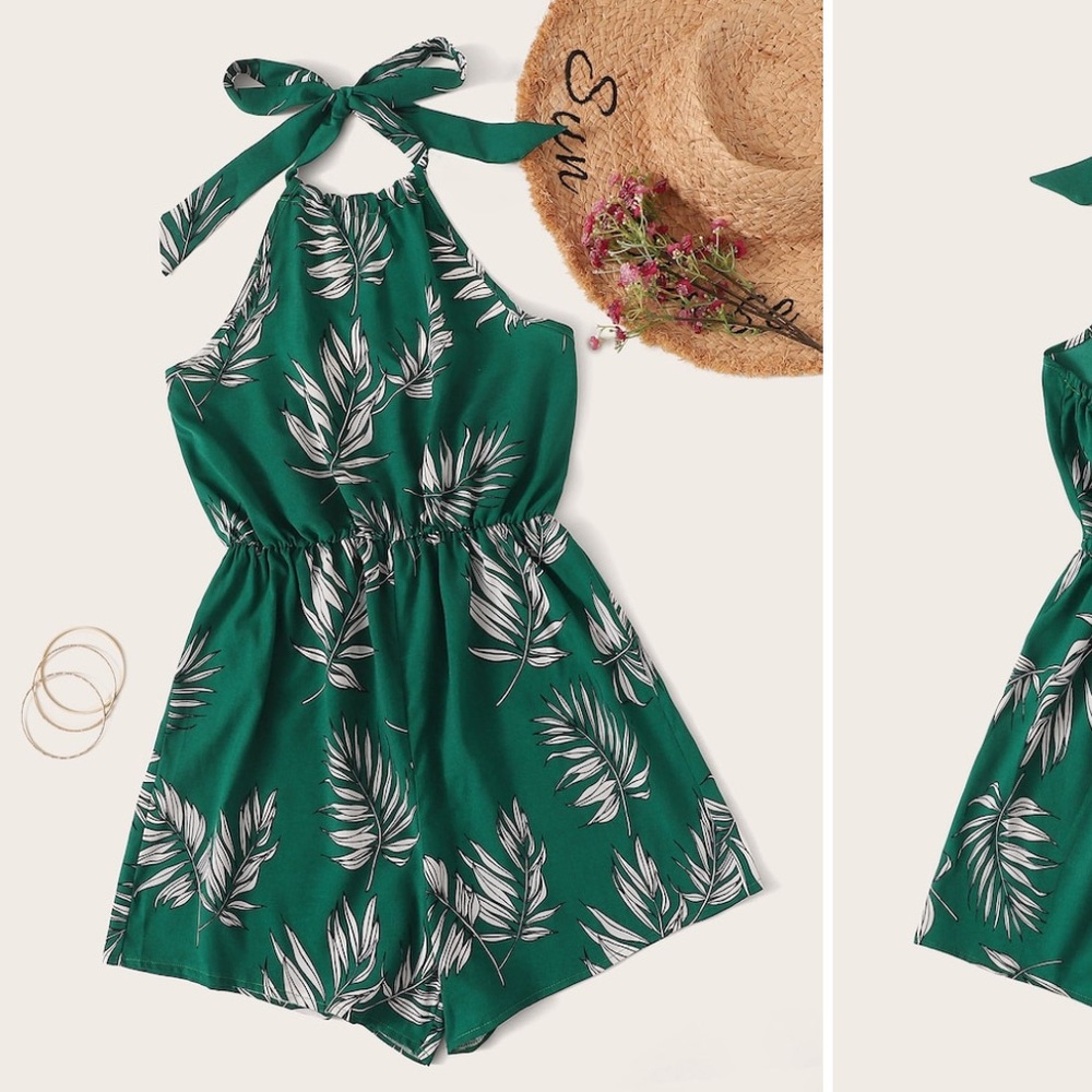 Green leaf print halter romper